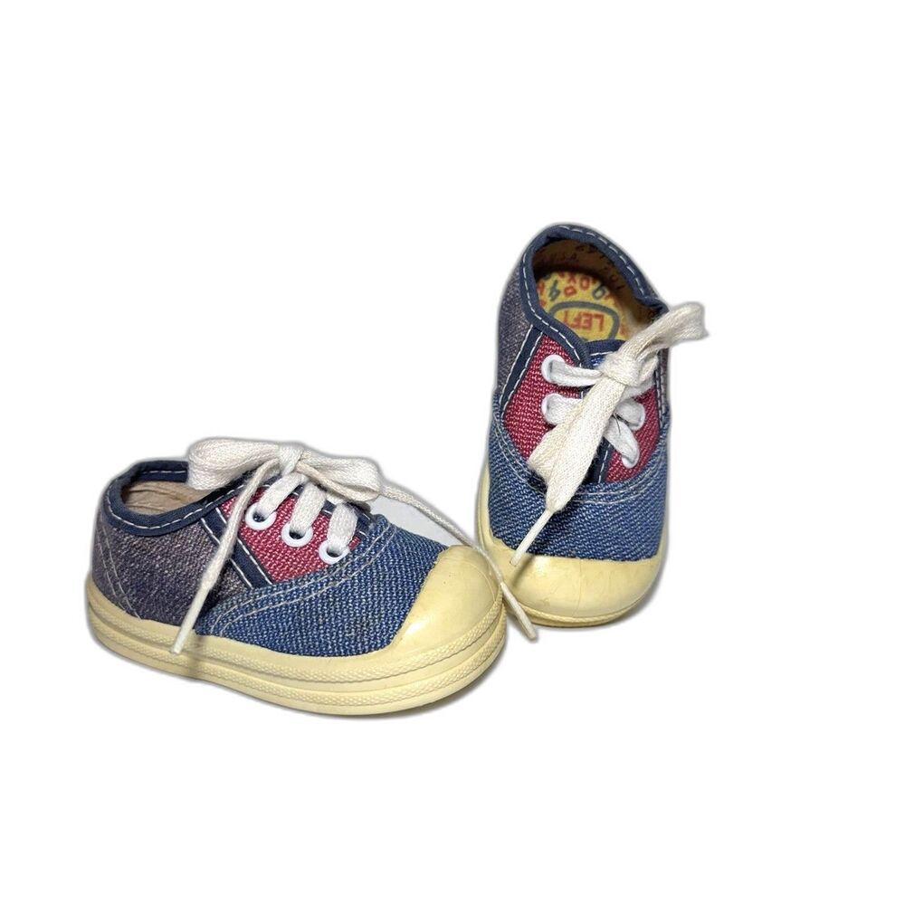 Vintage Baby Shoes Sneakers Size 2 Denim Blue & Red  Made USA
